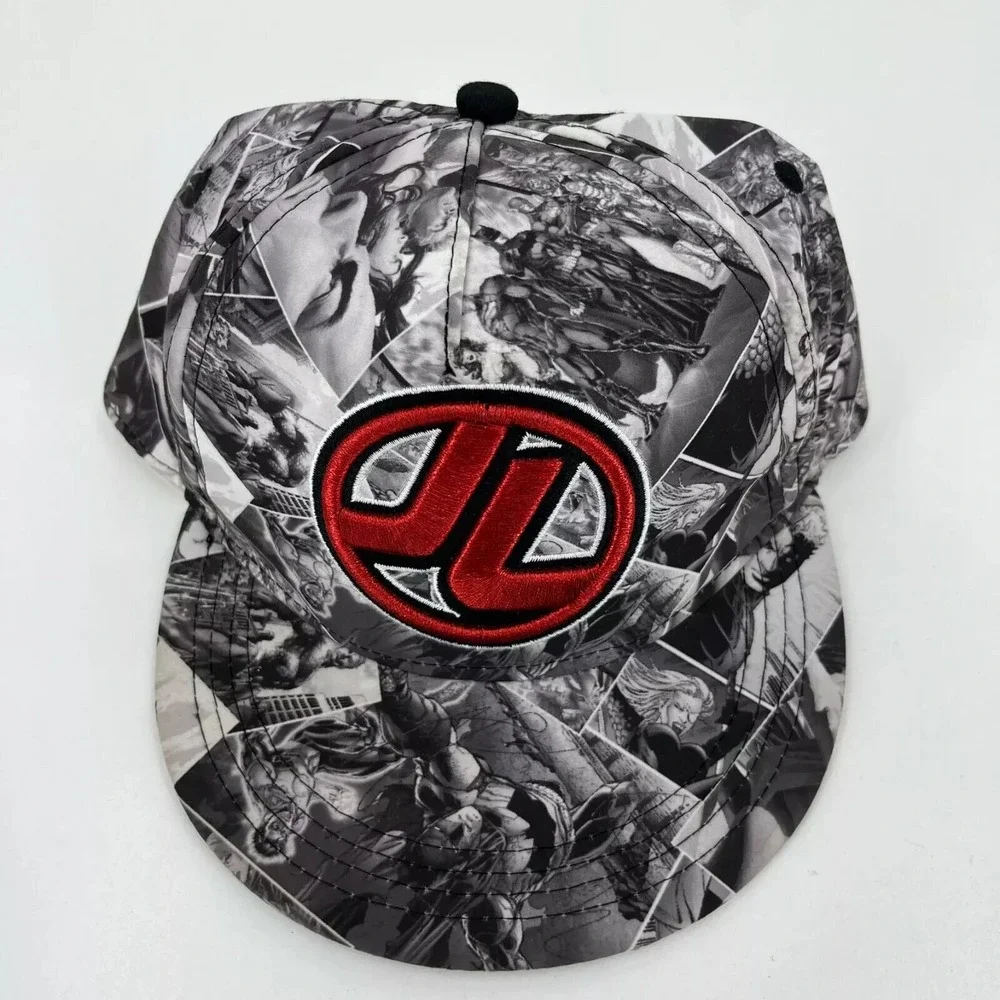 Kids Justice League Comic Print Snapback Hat Black White Red Logo DC Comics Cap